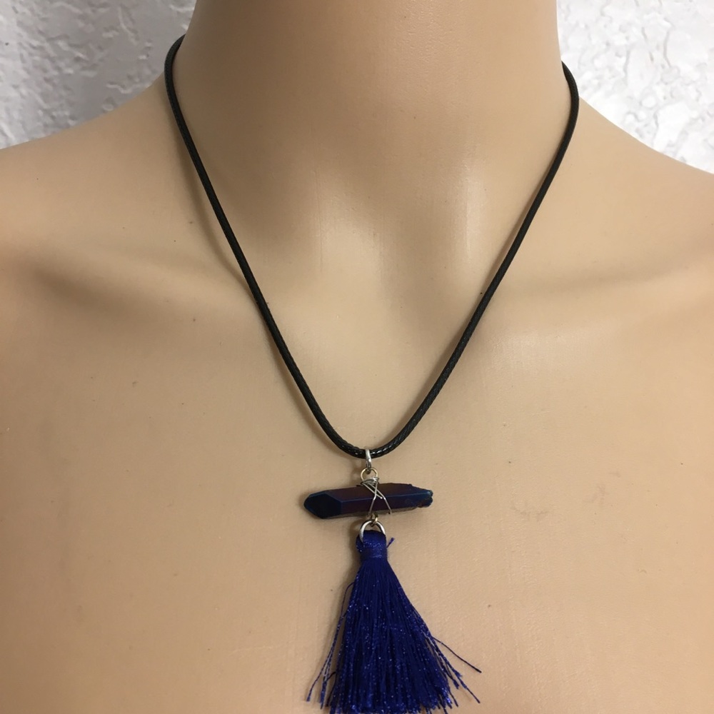 Blue Raw Crystal Tassel Necklace
